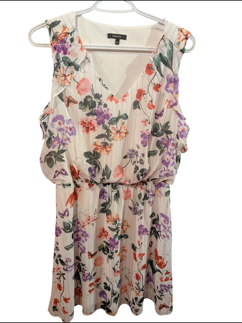 RW&CO. Cream Floral V-Neck Dress with Purple & Orange Flowers